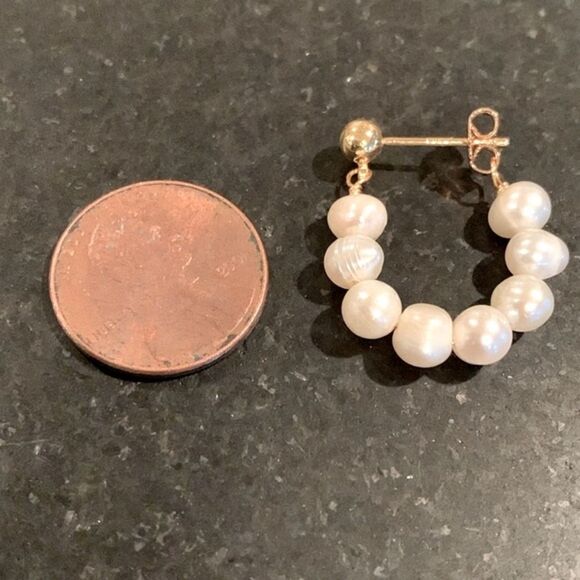 Genuine Freshwater White Pearl Huggie Hoop Earrings 18k Gold Plate, Gift Ready - Picture 7 of 9